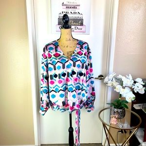 INC Women's Plus Size 3X Blouse Shirt Multicolor  Lace-Up Long Sleeve Top